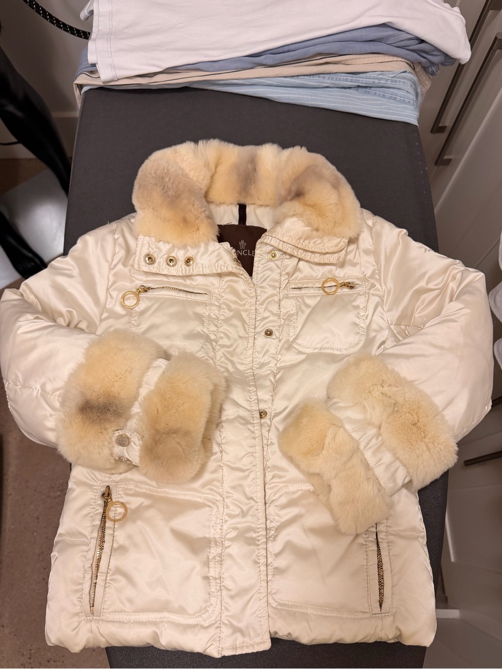 Moncler Cream Fur-Trim Kids Puffer Jacket